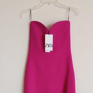 ZARA BUSTIER MIDI DRESS Strapless A-line FUCHSIA HOT PINK  NWT  2656/707 size XS
